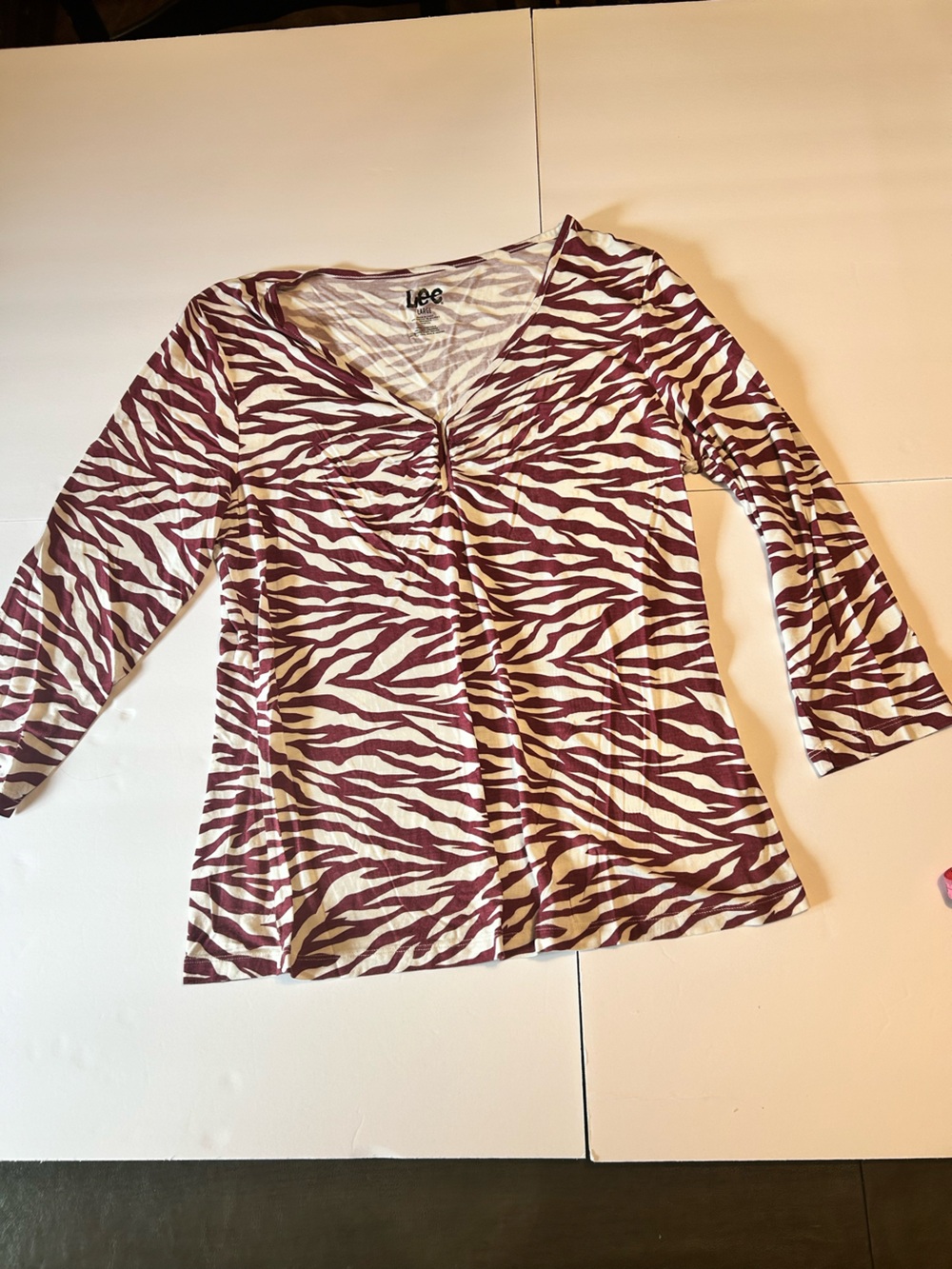 Lee Maroon and White Zebra-Print V-Neck Long Sleeve Top